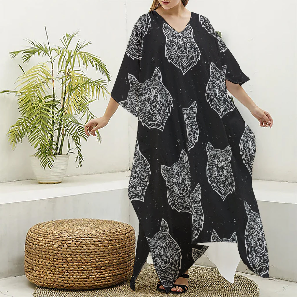 Native Tribal Wolf Pattern Print Silk V-Neck Kaftan Dress