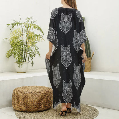 Native Tribal Wolf Pattern Print Silk V-Neck Kaftan Dress