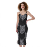 Native Tribal Wolf Pattern Print Slim Fit Midi Cami Dress