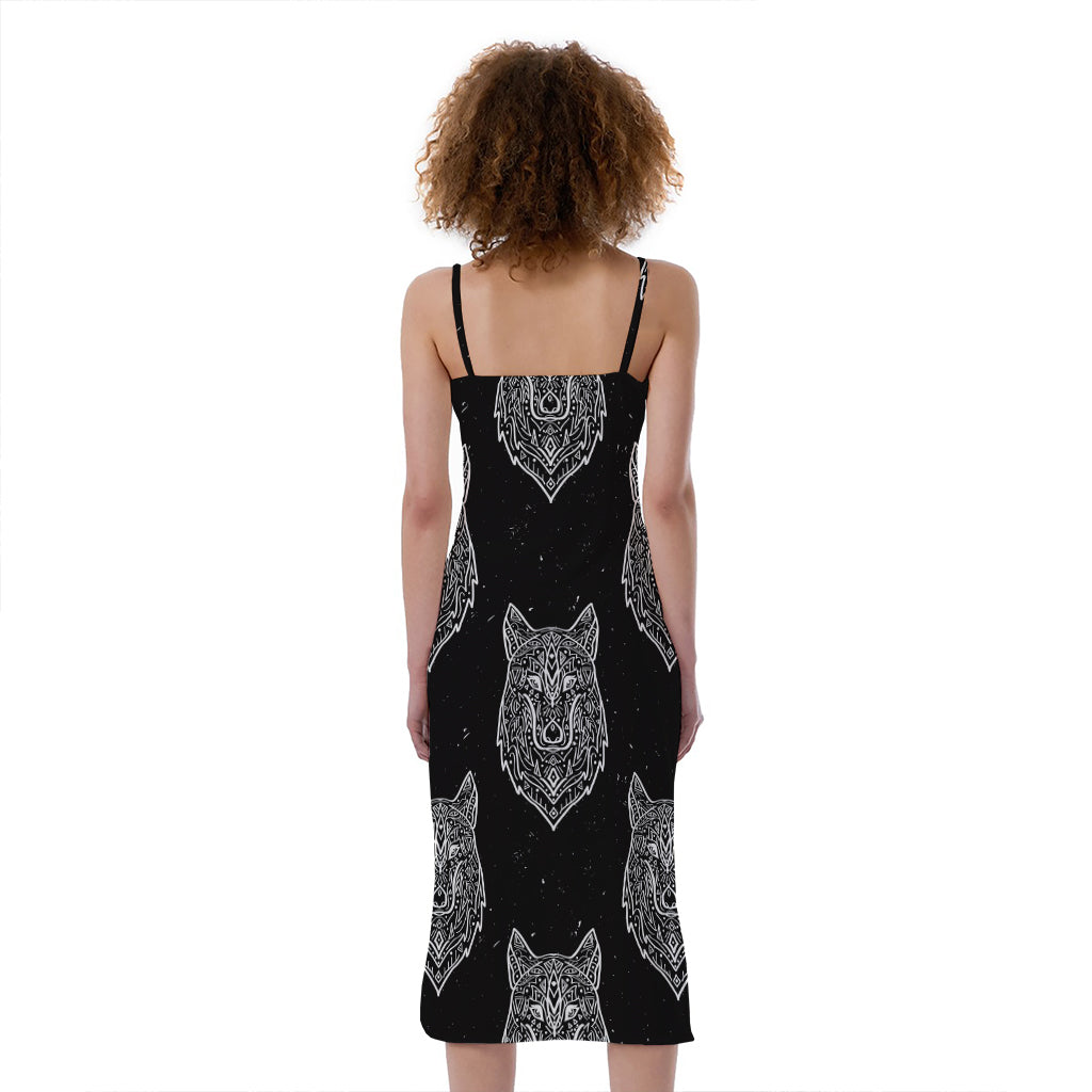Native Tribal Wolf Pattern Print Slim Fit Midi Cami Dress