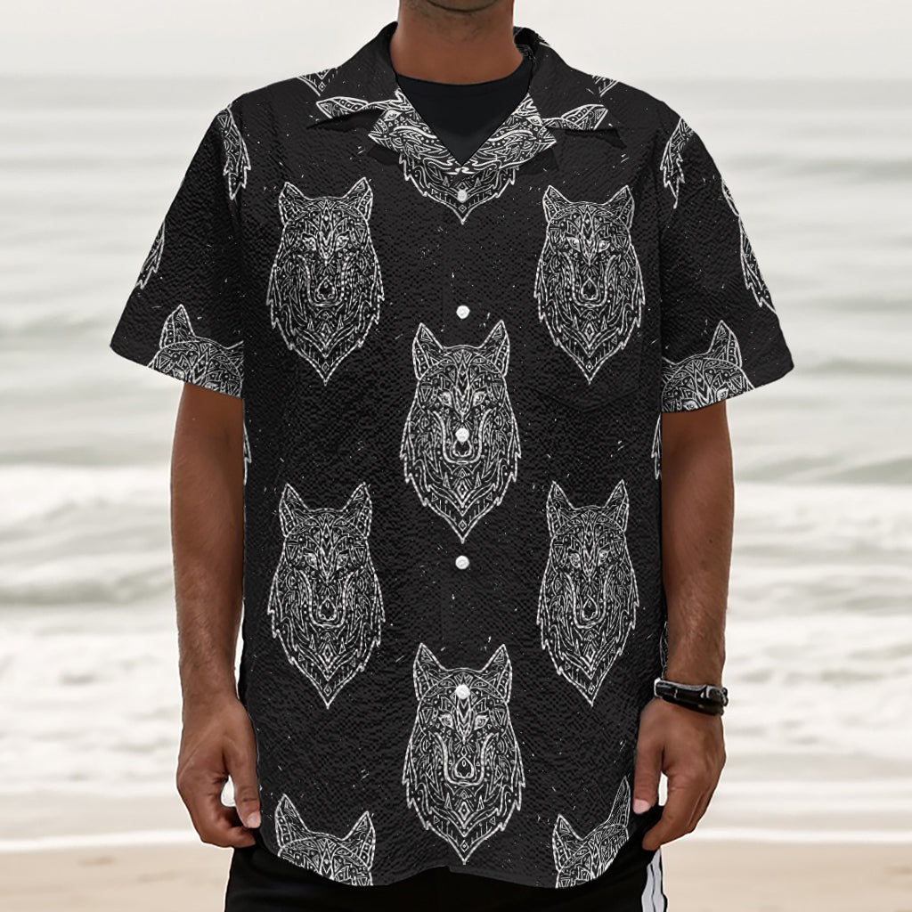 Native Tribal Wolf Pattern Print Textured Short Sleeve Shirt