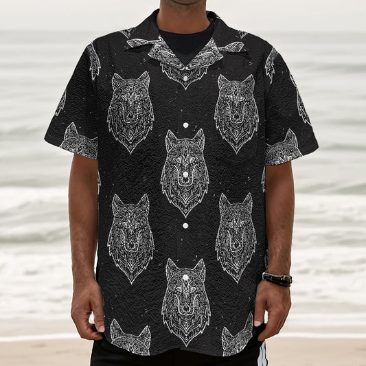 Native Tribal Wolf Pattern Print Textured Short Sleeve Shirt