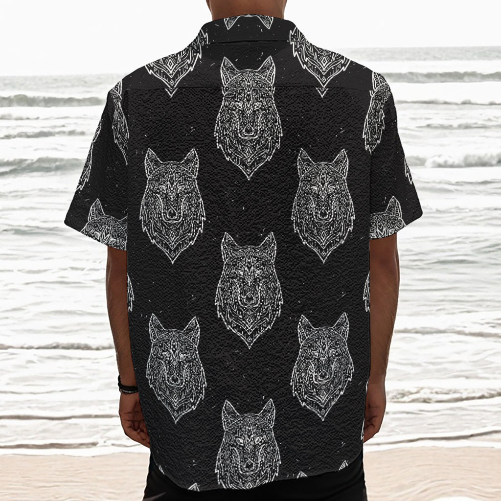 Native Tribal Wolf Pattern Print Textured Short Sleeve Shirt