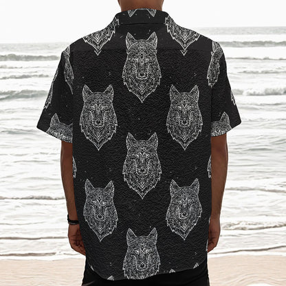 Native Tribal Wolf Pattern Print Textured Short Sleeve Shirt