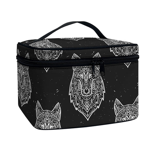 Native Tribal Wolf Pattern Print Travel Makeup Bag