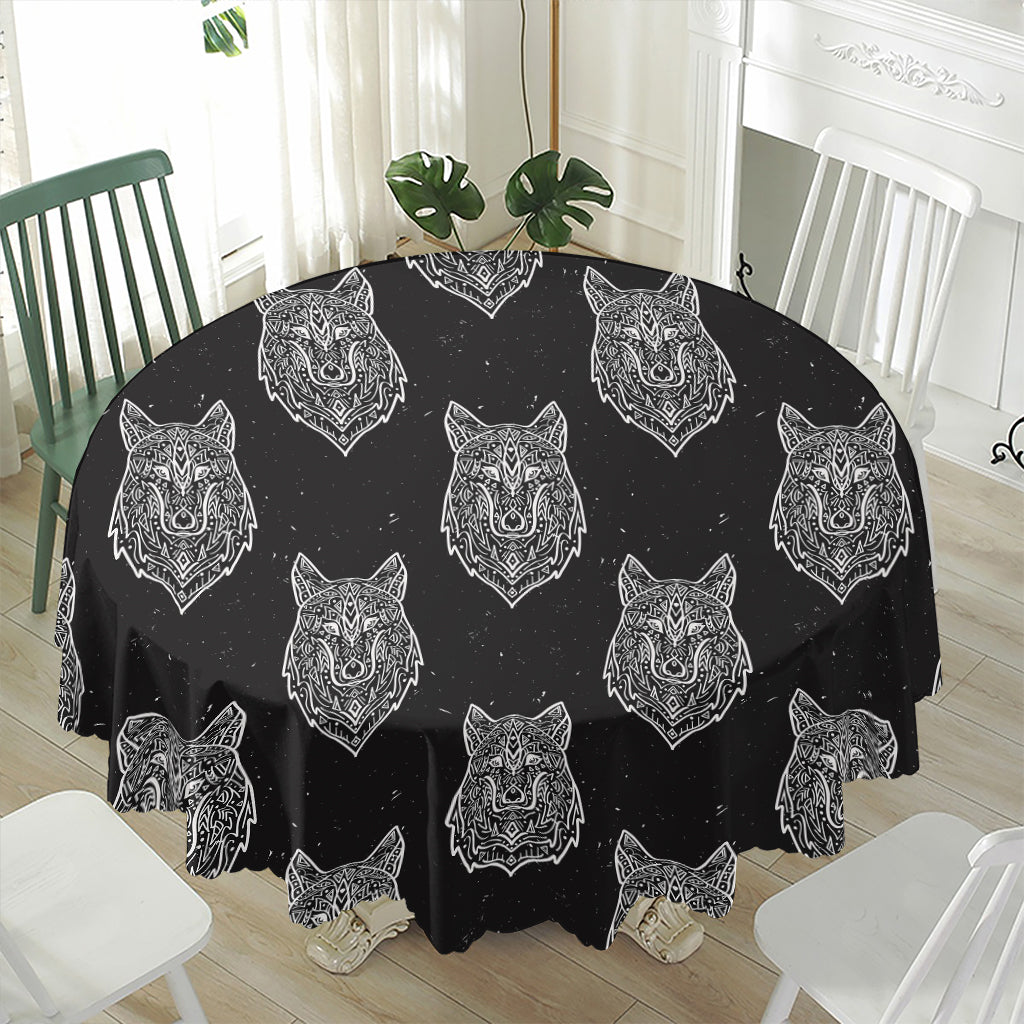 Native Tribal Wolf Pattern Print Waterproof Round Tablecloth
