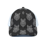 Native Tribal Wolf Pattern Print White Mesh Trucker Cap