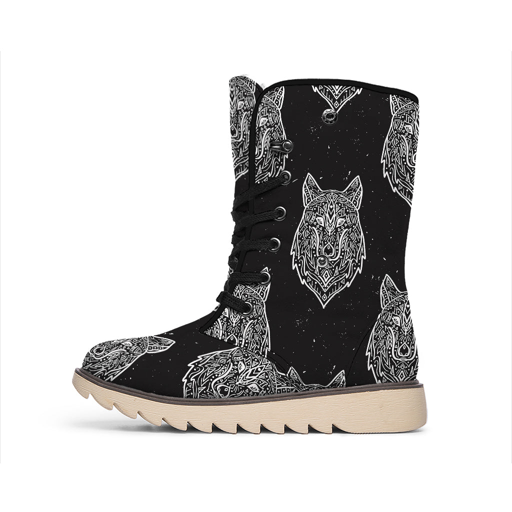 Native Tribal Wolf Pattern Print Winter Boots