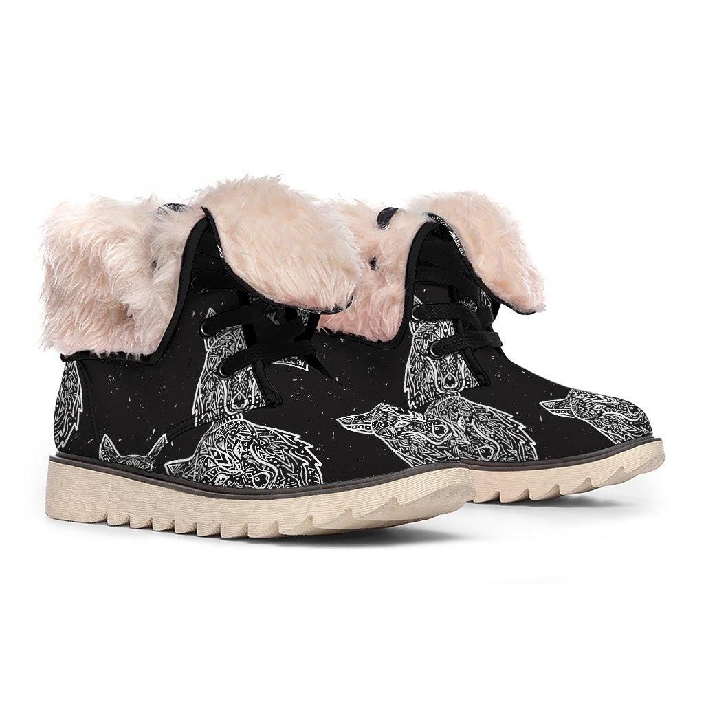 Native Tribal Wolf Pattern Print Winter Boots