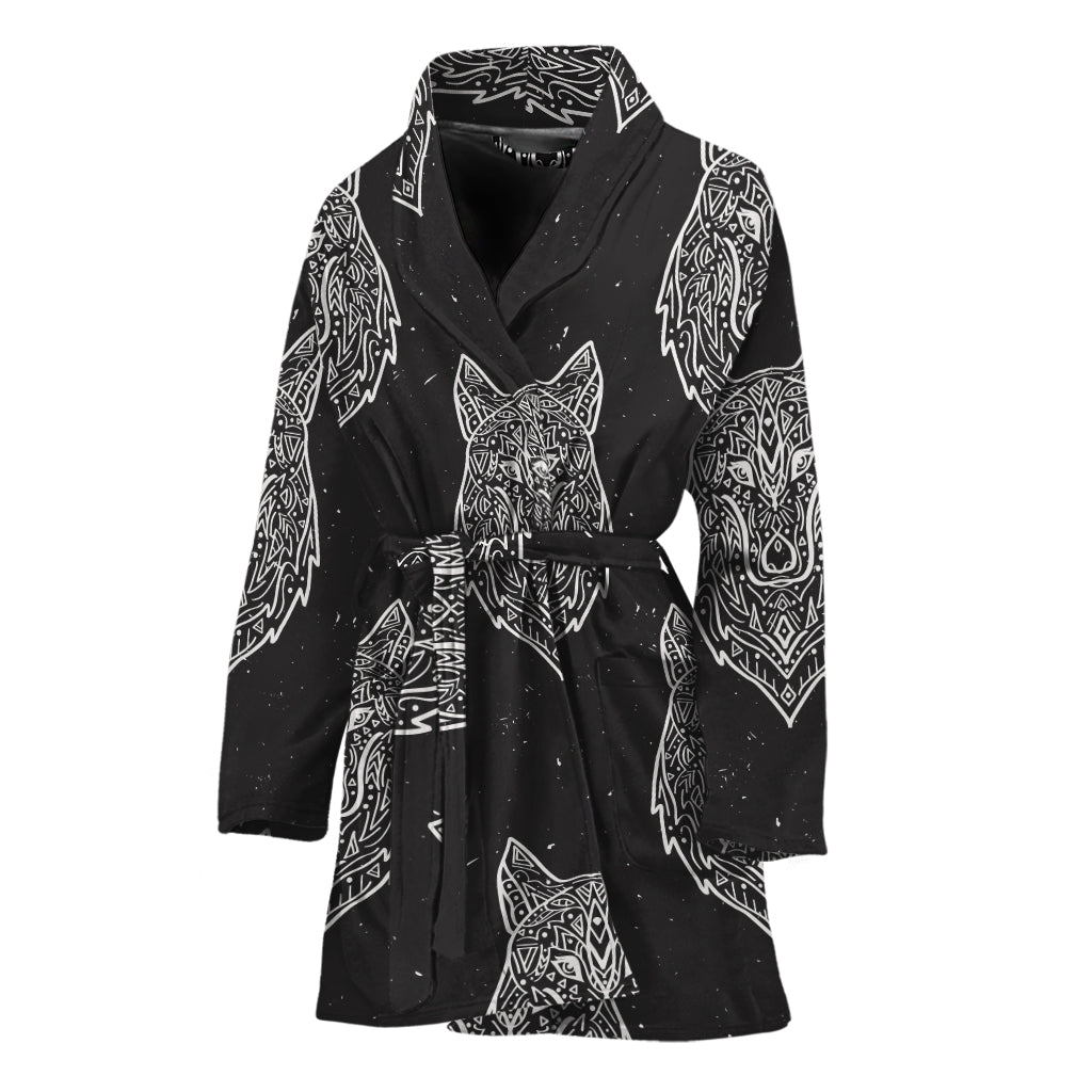 Native Tribal Wolf Pattern Print Women's Bathrobe
