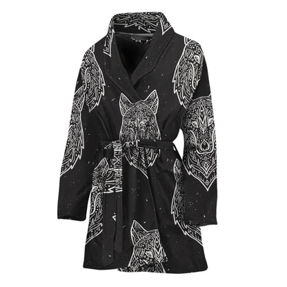 Native Tribal Wolf Pattern Print Women's Bathrobe
