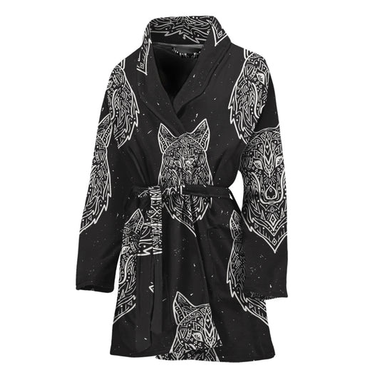 Native Tribal Wolf Pattern Print Women's Bathrobe