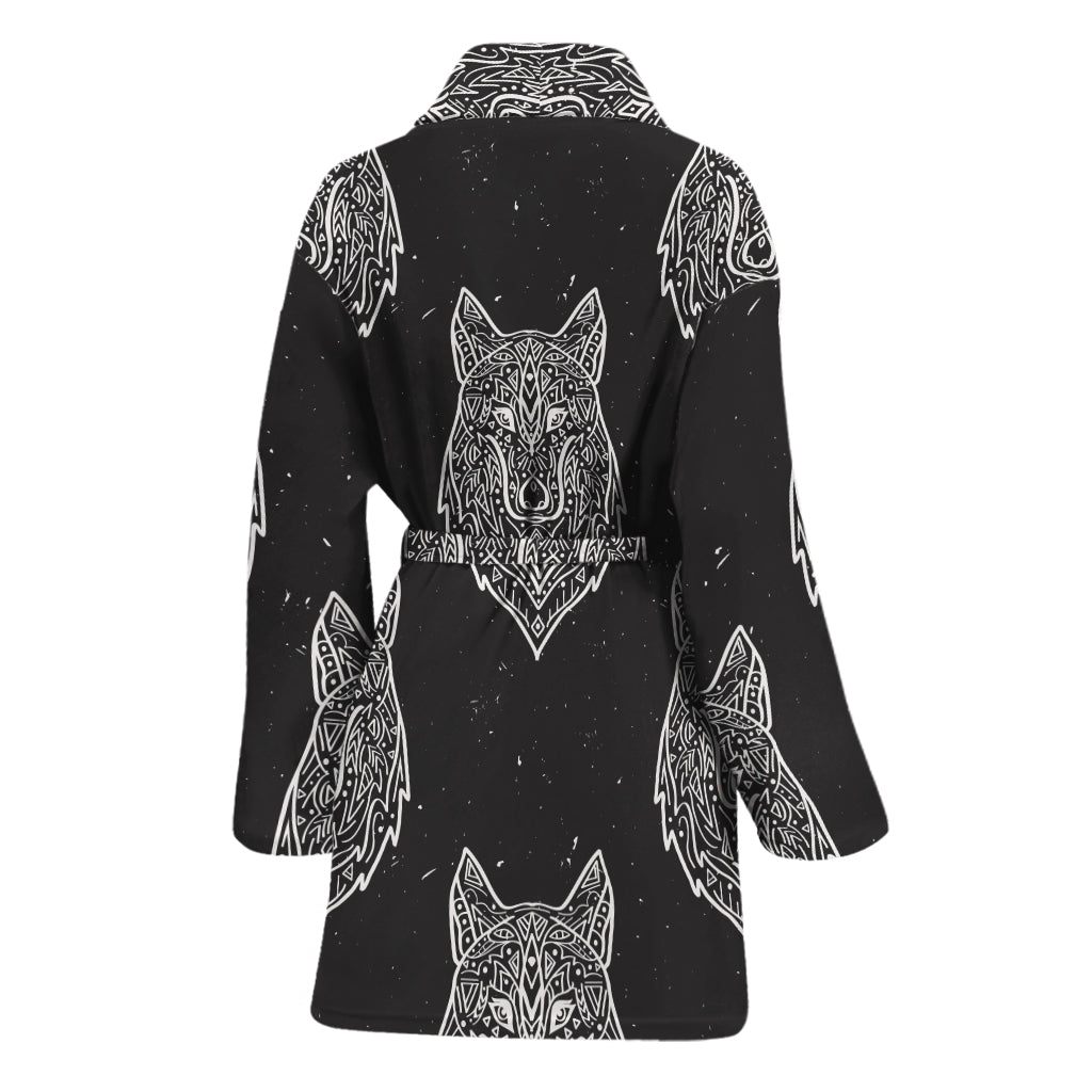 Native Tribal Wolf Pattern Print Women's Bathrobe