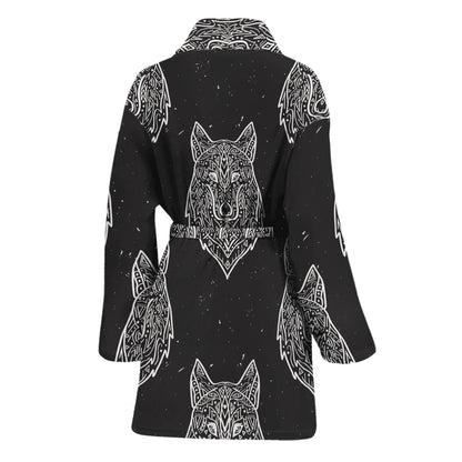 Native Tribal Wolf Pattern Print Women's Bathrobe