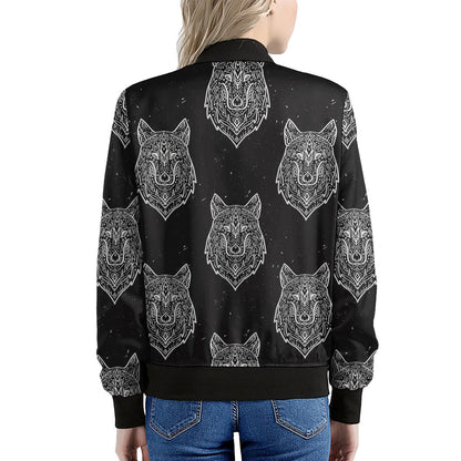 Native Tribal Wolf Pattern Print Women's Bomber Jacket
