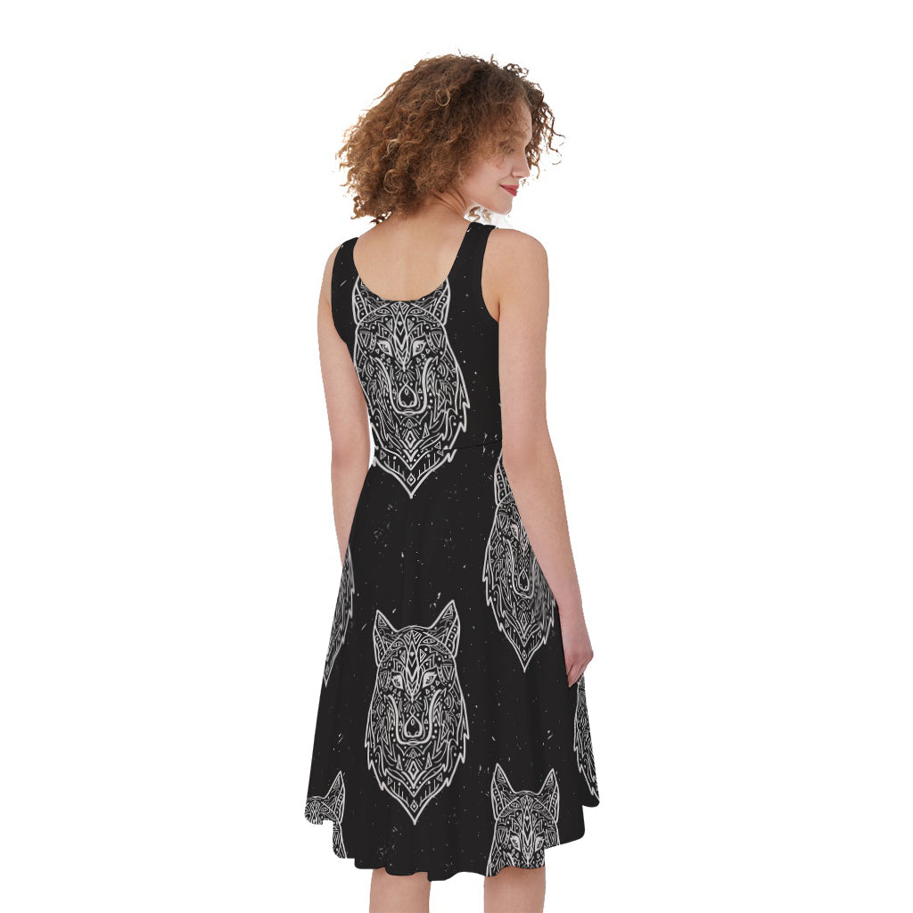 Native Tribal Wolf Pattern Print Women's Sleeveless Dress