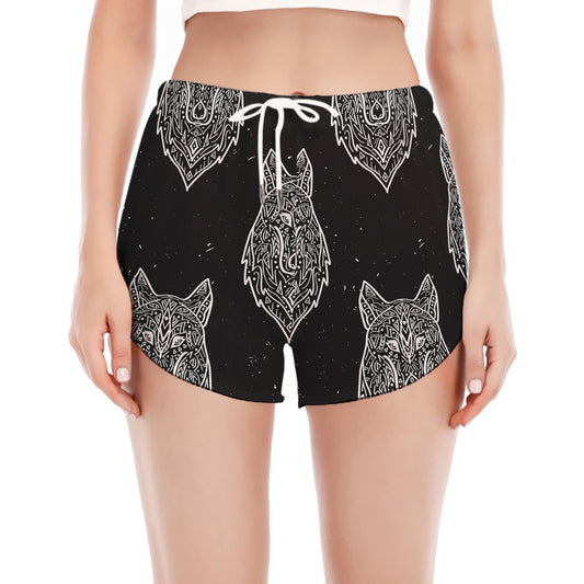 Native Tribal Wolf Pattern Print Women's Split Running Shorts
