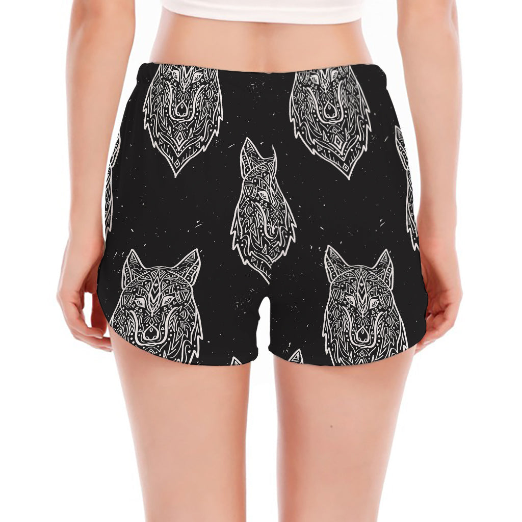 Native Tribal Wolf Pattern Print Women's Split Running Shorts