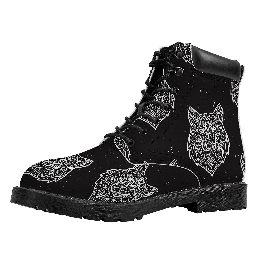 Native Tribal Wolf Pattern Print Work Boots