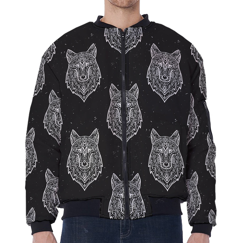 Native Tribal Wolf Pattern Print Zip Sleeve Bomber Jacket