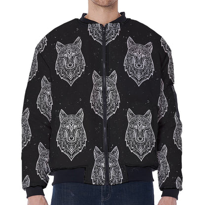 Native Tribal Wolf Pattern Print Zip Sleeve Bomber Jacket