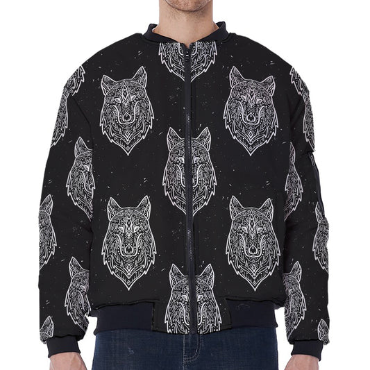 Native Tribal Wolf Pattern Print Zip Sleeve Bomber Jacket