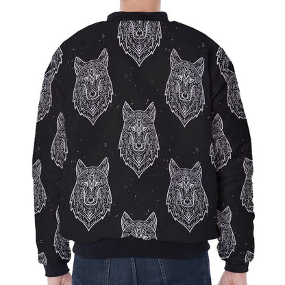 Native Tribal Wolf Pattern Print Zip Sleeve Bomber Jacket