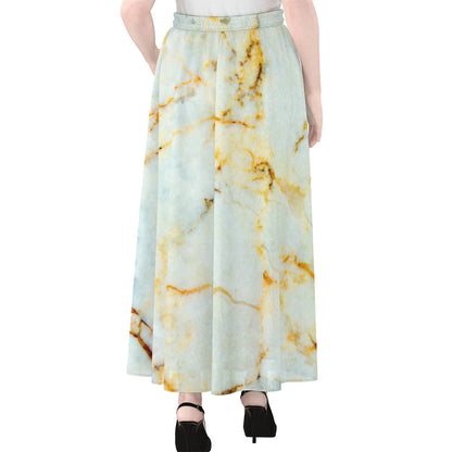 Natural Gold Marble Print Chiffon Maxi Skirt