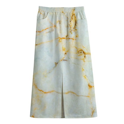 Natural Gold Marble Print Cotton Front Slit Maxi Skirt