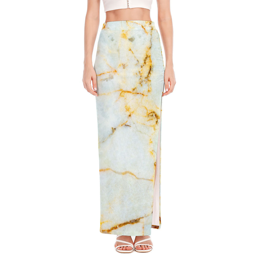 Natural Gold Marble Print High Slit Maxi Skirt