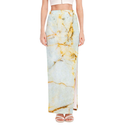 Natural Gold Marble Print High Slit Maxi Skirt