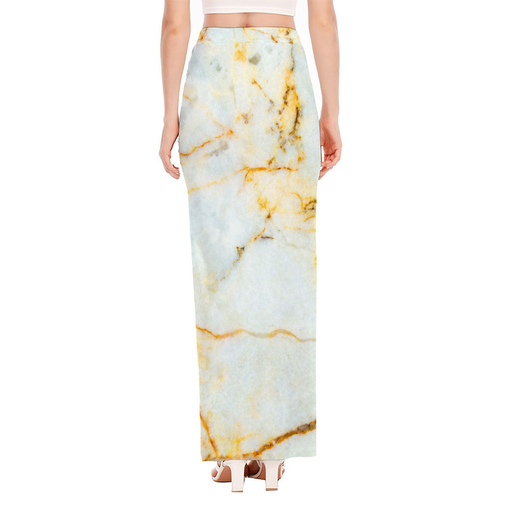 Natural Gold Marble Print High Slit Maxi Skirt