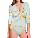 Natural Gold Marble Print Long Sleeve Swimsuit