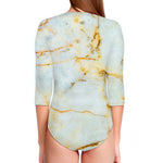 Natural Gold Marble Print Long Sleeve Swimsuit