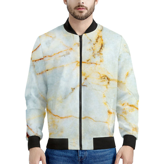 Natural Gold Marble Print Men's Bomber Jacket