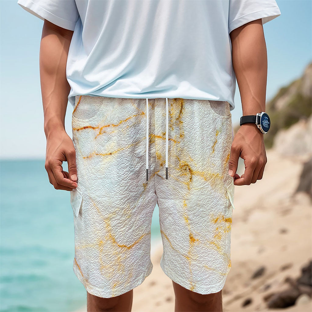 Natural Gold Marble Print Men's Cargo Shorts