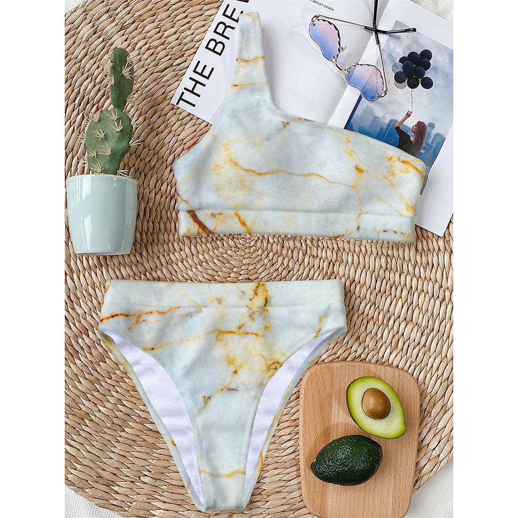 Natural Gold Marble Print One Shoulder Bikini Top