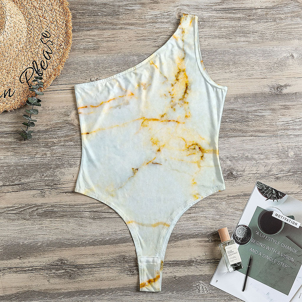 Natural Gold Marble Print One Shoulder Bodysuit