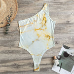 Natural Gold Marble Print One Shoulder Bodysuit