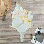 Natural Gold Marble Print One Shoulder Bodysuit