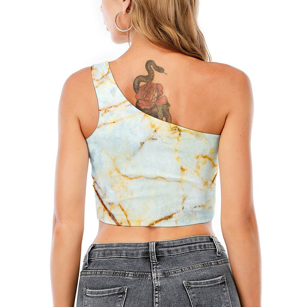 Natural Gold Marble Print One Shoulder Crop Top