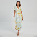 Natural Gold Marble Print Short Sleeve Maxi Dress