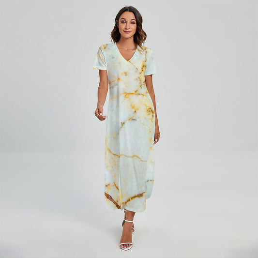Natural Gold Marble Print Short Sleeve Maxi Dress