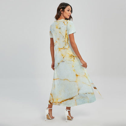 Natural Gold Marble Print Short Sleeve Maxi Dress