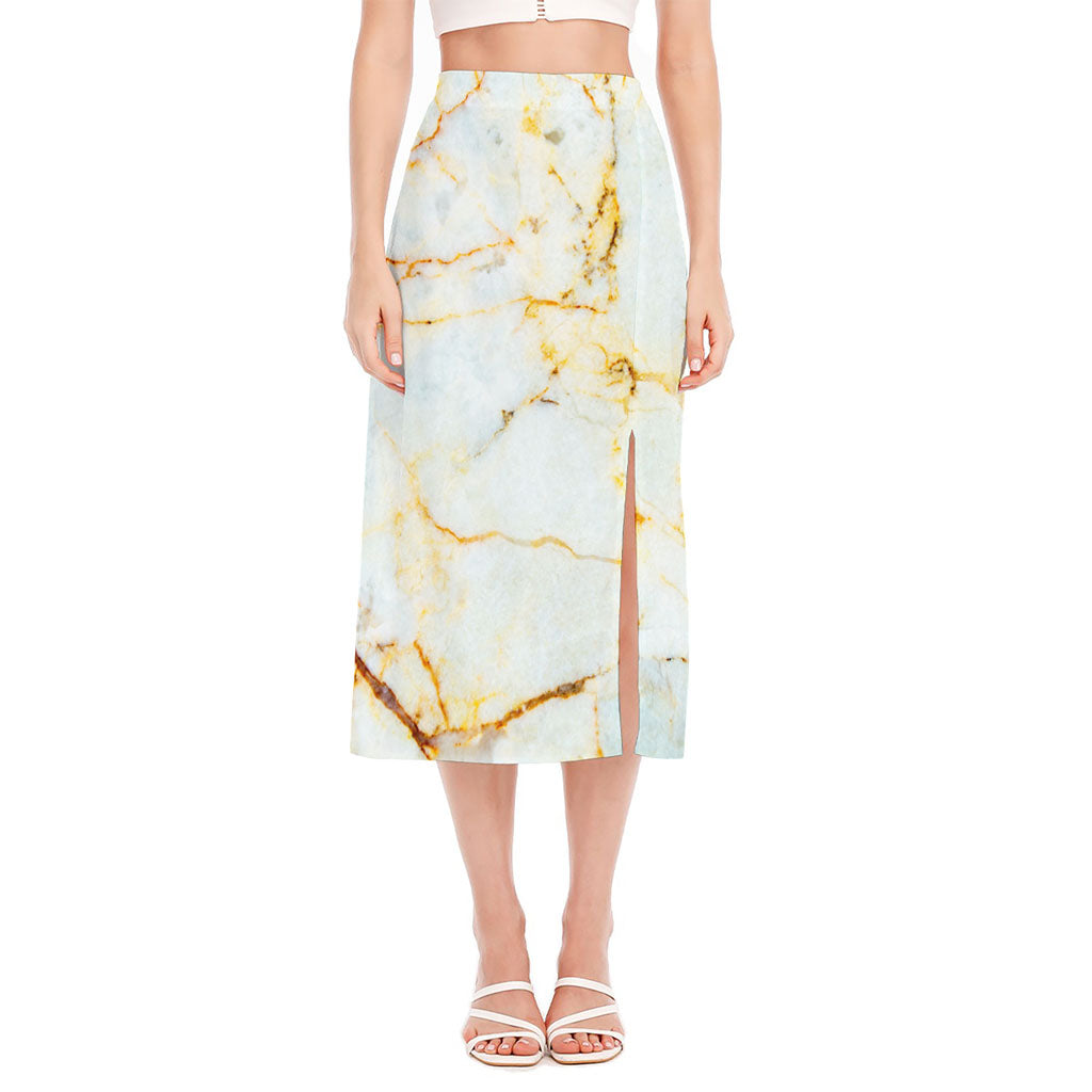 Natural Gold Marble Print Side Slit Midi Skirt