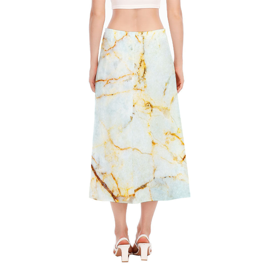 Natural Gold Marble Print Side Slit Midi Skirt