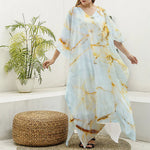 Natural Gold Marble Print Silk V-Neck Kaftan Dress