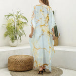 Natural Gold Marble Print Silk V-Neck Kaftan Dress