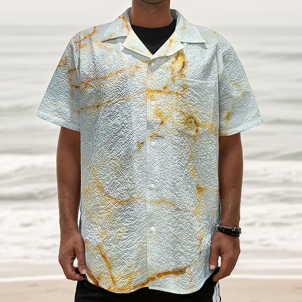 Natural Gold Marble Print Textured Short Sleeve Shirt