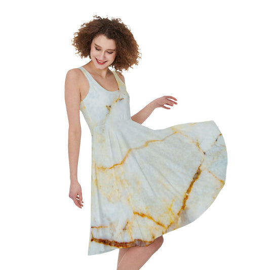 Natural Gold Marble Print Women's Sleeveless Dress